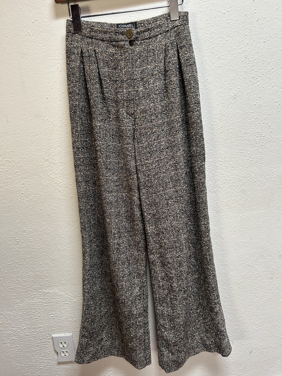 Vintage Chanel Tweed Wide Leg Trousers Wool Blend Silk Lining