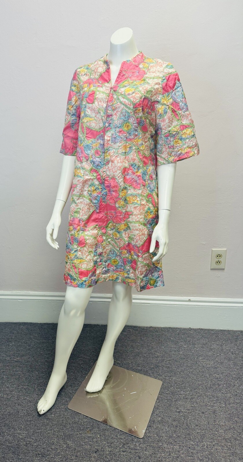 VTG RARE Caftan Kaftan Loungewear night Gown Dress robe glo pink floral zip S/M