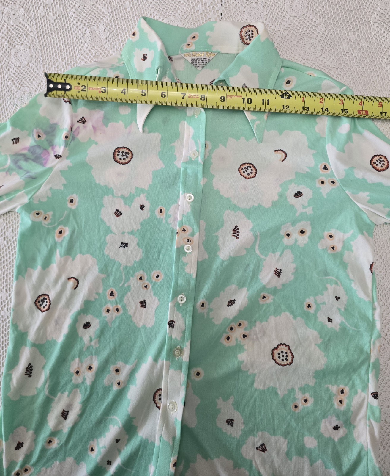 70s Mint Green Floral Disco Shirt Dagger Collar Fits Modern XS/S (Tagged L)