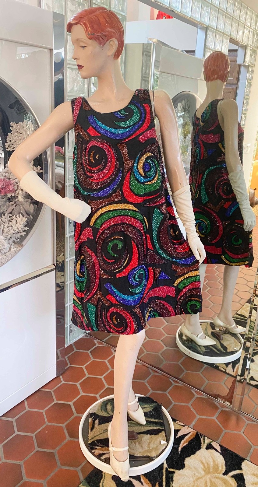 VTG 70s Black Silk Multicolor Psychedelic Beaded Dress 10 Unique A LINE