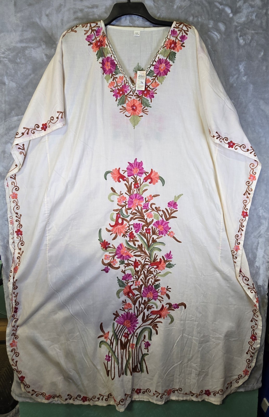 Embroidered Floral Multi-Colored Kaftan Pull-over Dress India Made Cotton 56 NWT