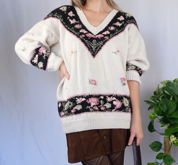 Rosanna Knitted by Hand Floral Sweater 3X Ivory Black Pink Green Ramie Cotton