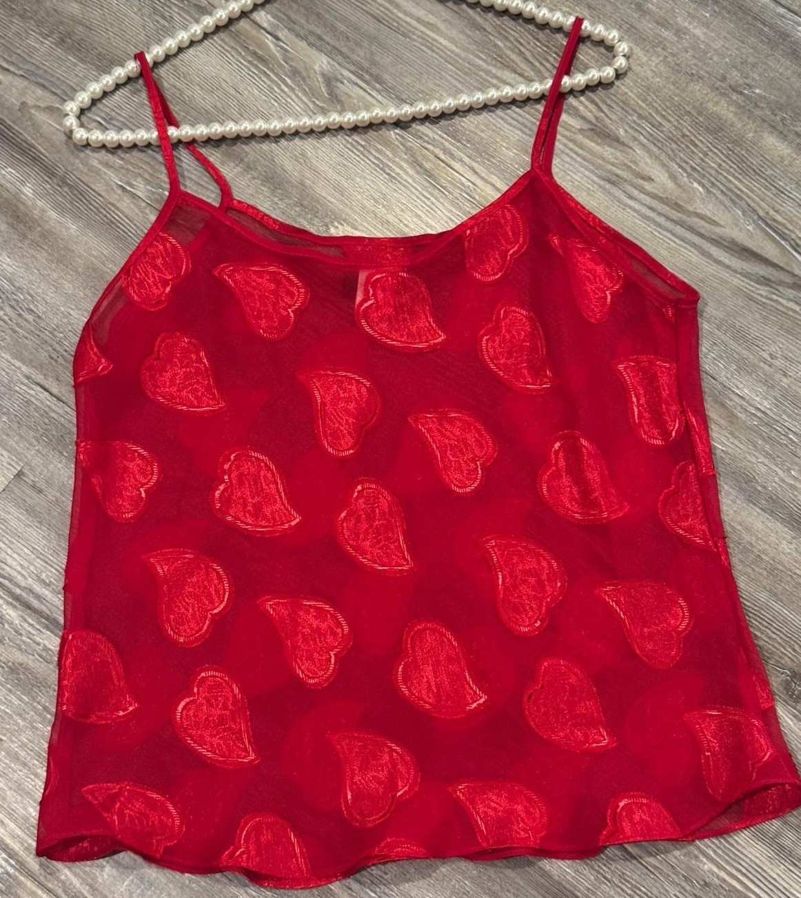 VTG 90’s Isabel Intimates Red Chiffon Heart Appliqués Babydoll Lingerie Cami L