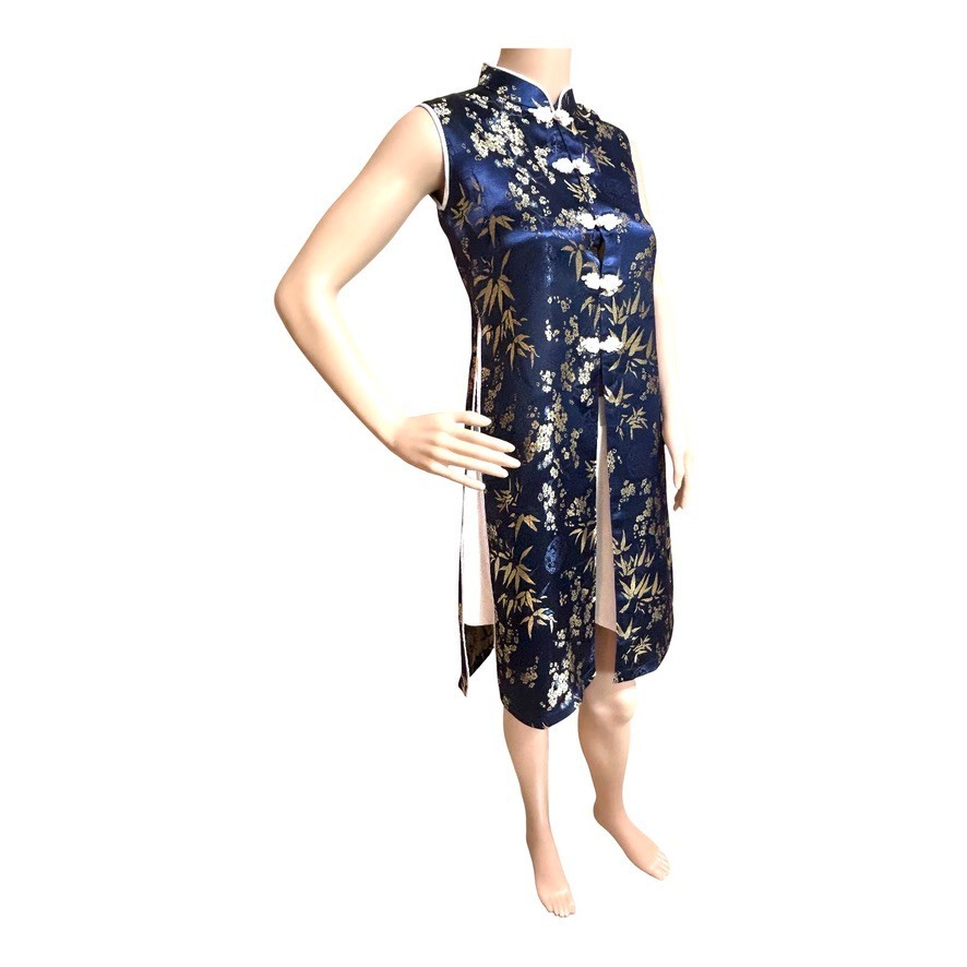 VTG Navy Gold Brocade Cheongsam Qipao Dress M 5 Frog Closure 3 Slit Blind Hem