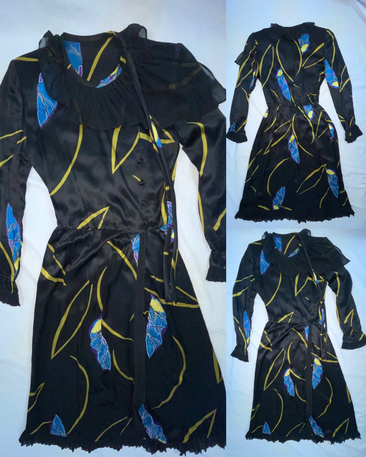 VTG 60s 70s WOMENS XS BLACK SATIN ASIAN FLORAL PRINT PARTY COCKTAIL DRESS