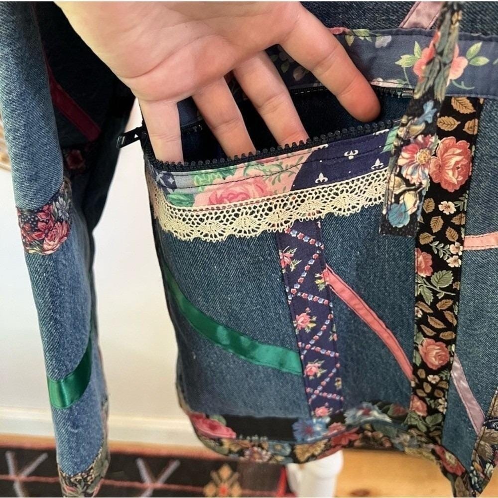 Vintage Patchwork Quilted Jacket Hooded Boho Oversized Denim Coat L XL
