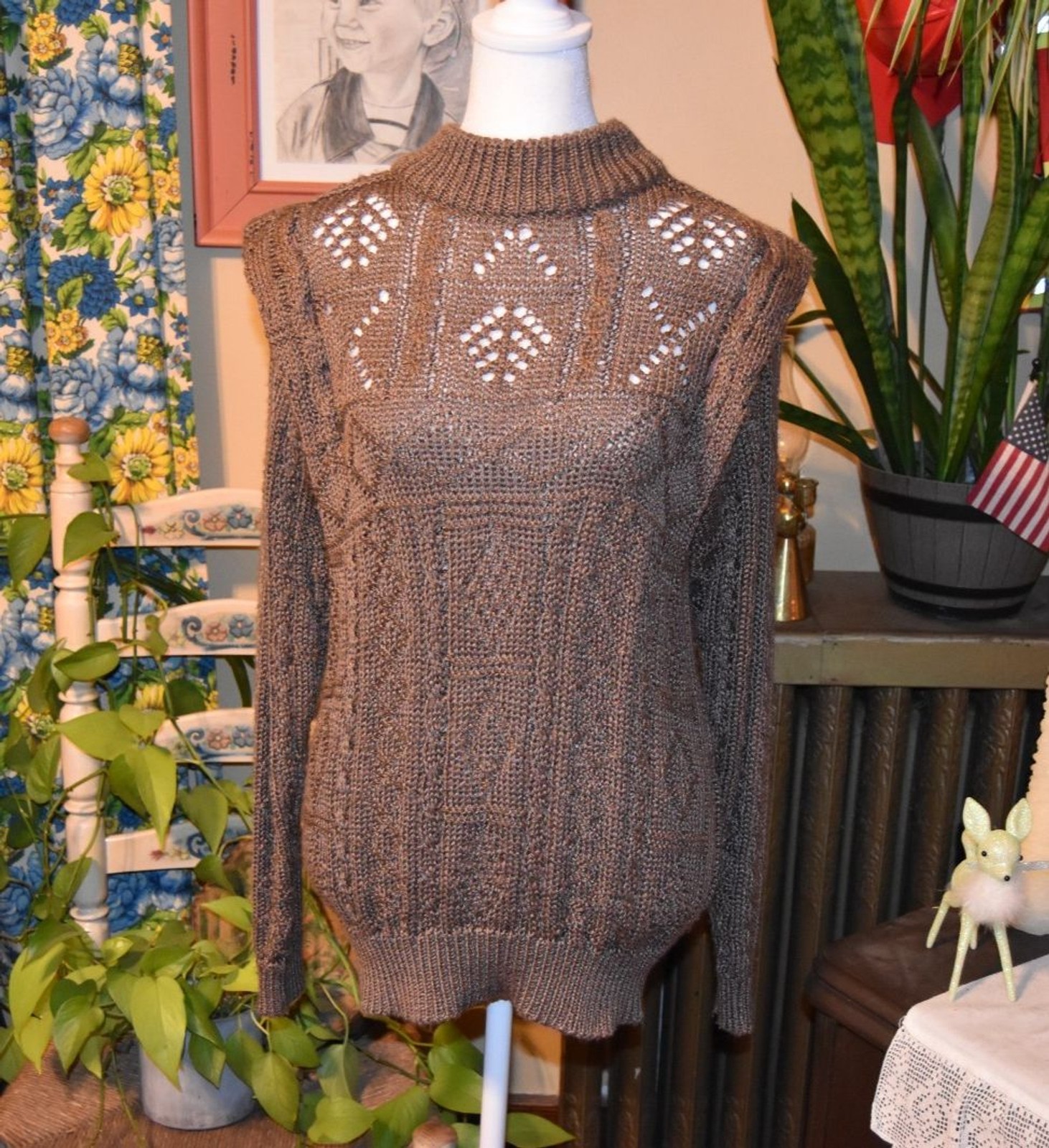 Vintage 80s 90s Country Suburbans Cottagecore Sweater Puffy Sleeves Brown Medium
