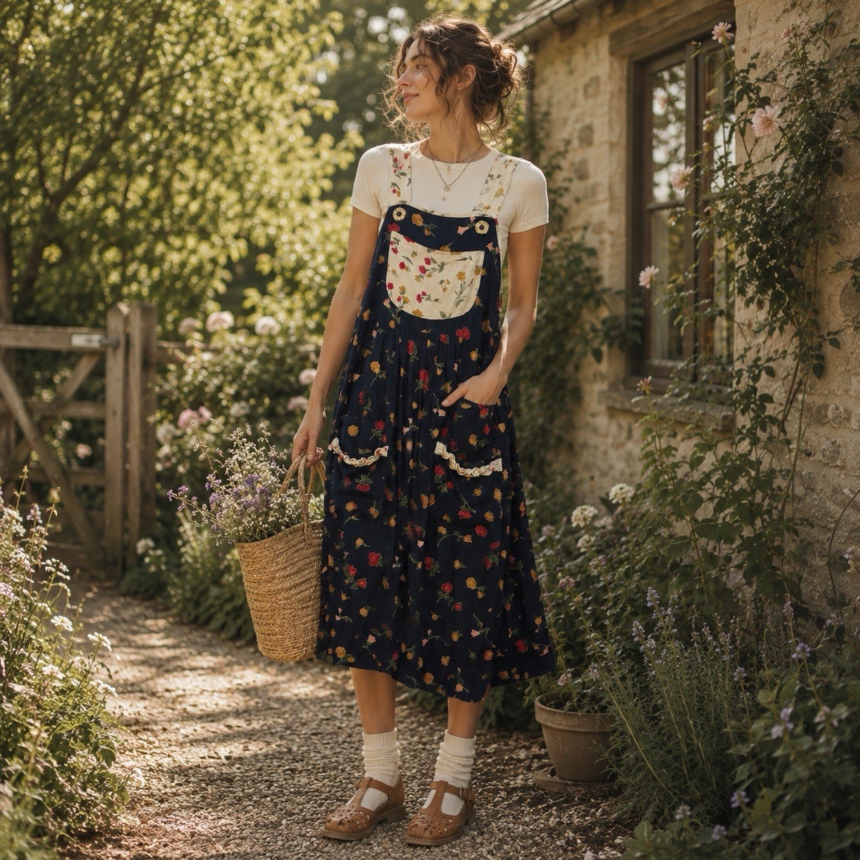 Vintage 90s Pinafore Dress Medium Jumper Mixed Floral Art Teacher Dainty Cottage