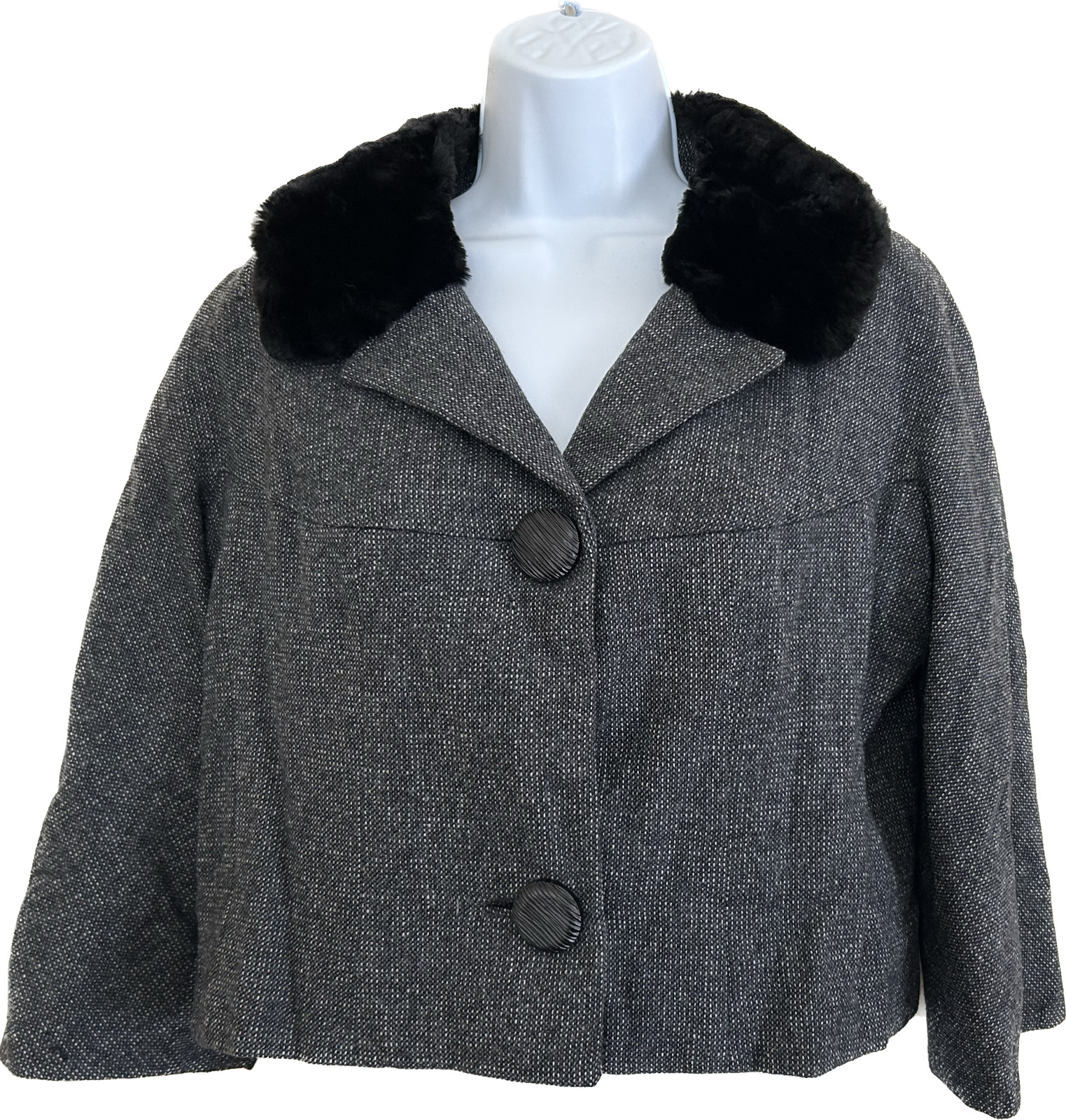 Irene Sargent Anglo Fabrics Cropped Jacket Gray Wool Tweed Black Faux Fur Collar