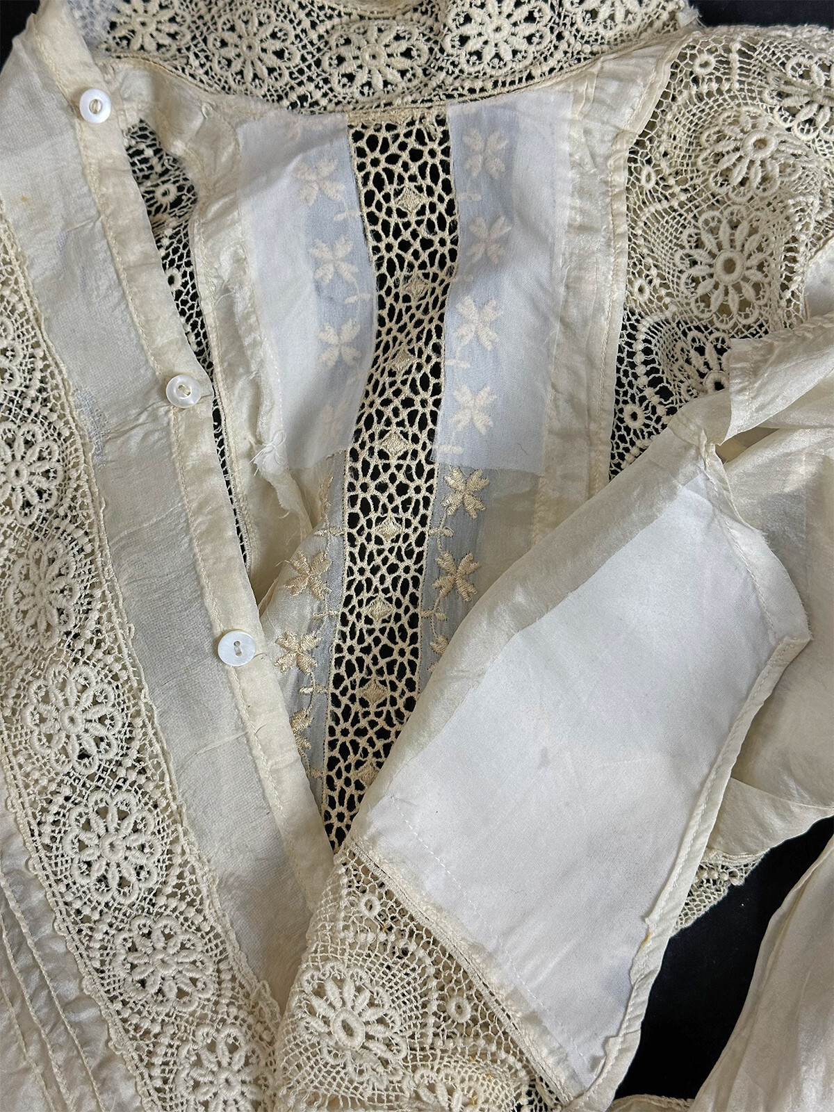 Edwardian Embroidered Ivory Cream Silk Lace High Collar Shirtwaist Blouse VTG