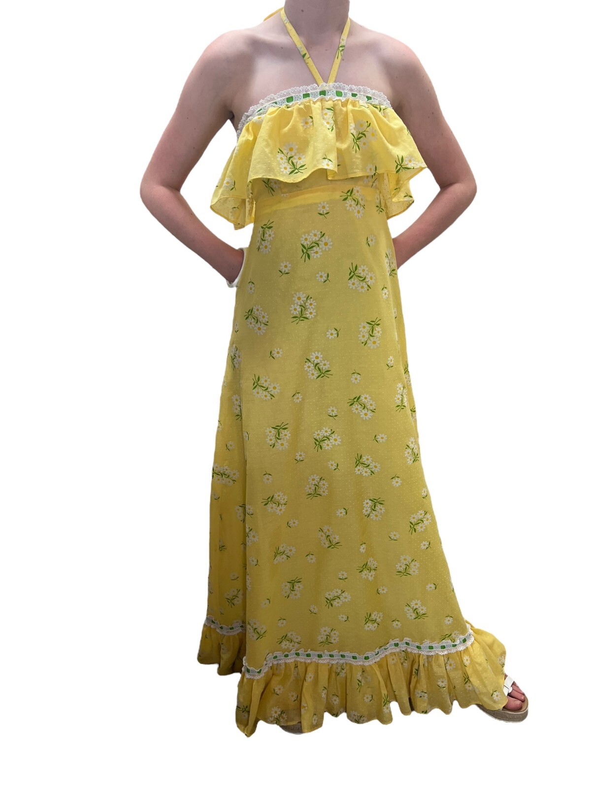 Sz XS Vtg 60s 70s Halter Maxi Dress Yellow Daisy Swiss Dot Festival Hippie Boho