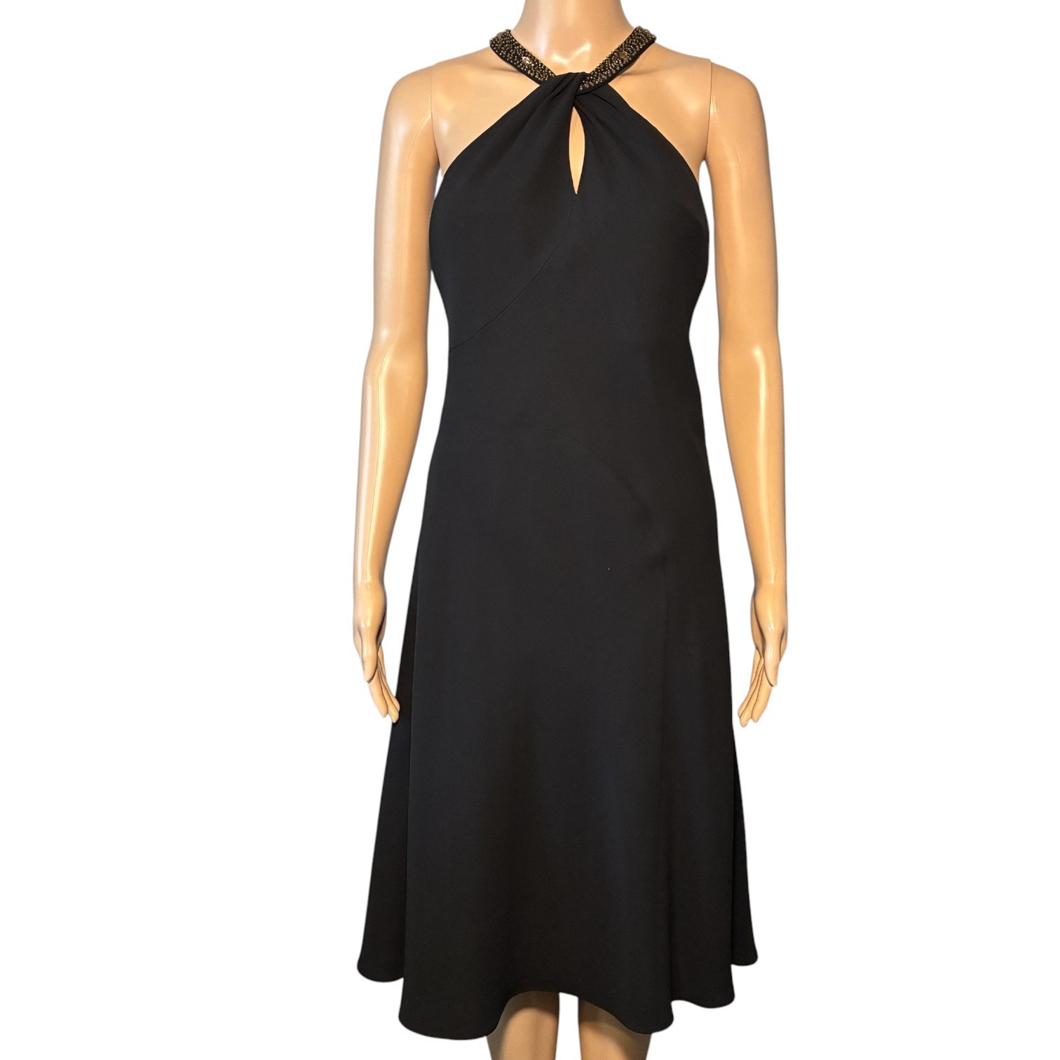 Vintage Evan-Picone Women’s Dress Size 12 Black Sheath Halter Embellished Midi