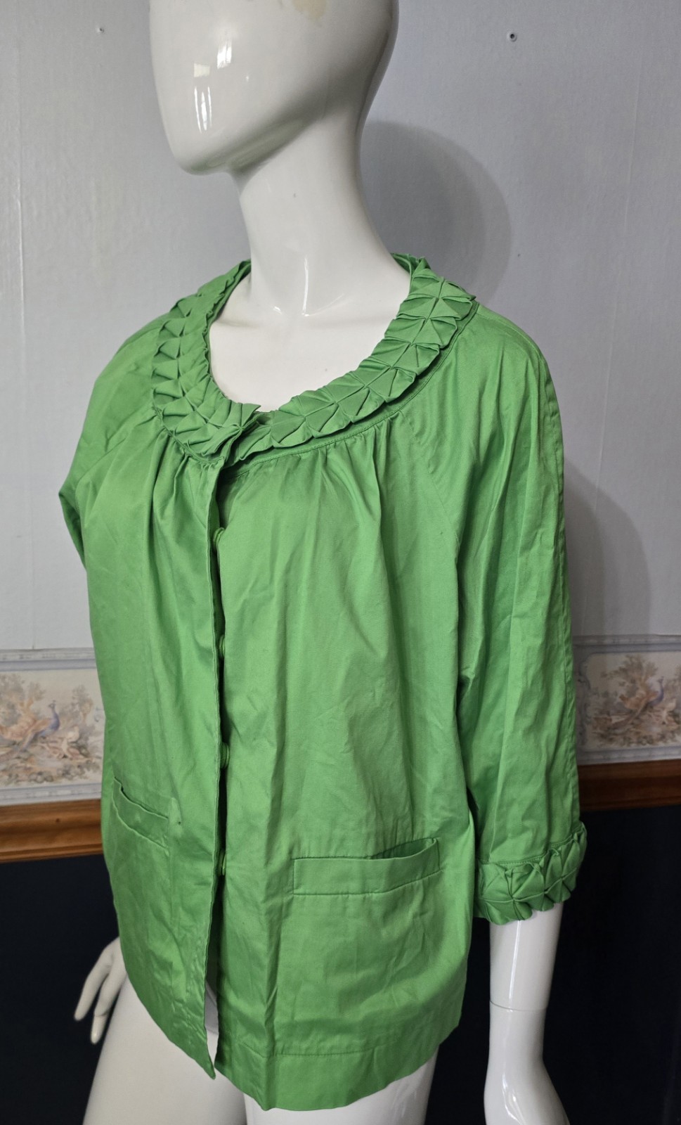 SIMPLY Chloe Dao Green Pleated Collar Jacket 1X Plus Size Cotton Stretch