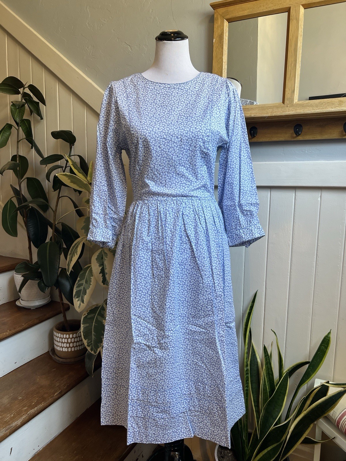 Vintage Liberty of London Blue Floral Cotton Dress UK 12 US 8 Midi Dress