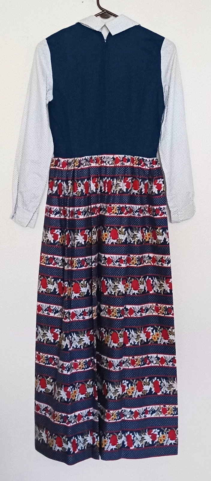 VTG 70s Sears Fashions Maxi Dress Navy Red Floral Cotton Print Skirt L/S Small