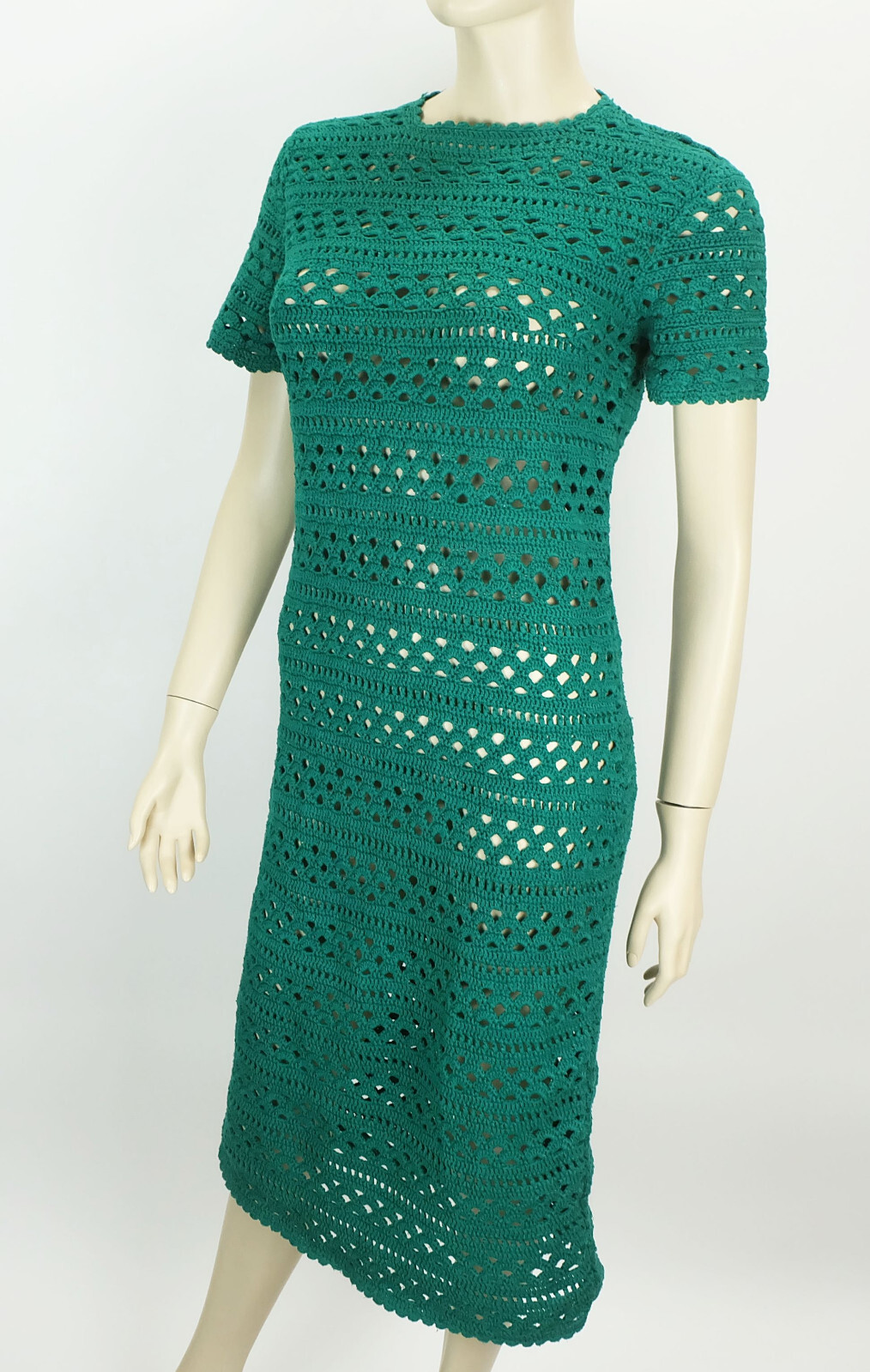 Original 1960s True Vintage Green Crochet Dress Hand Crochet Size M Cotton