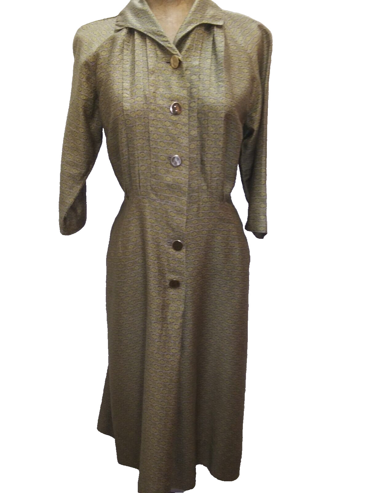Vintage 1950’s Olive Green Dark Yellow Polished Cotton Elegant Dress Medium