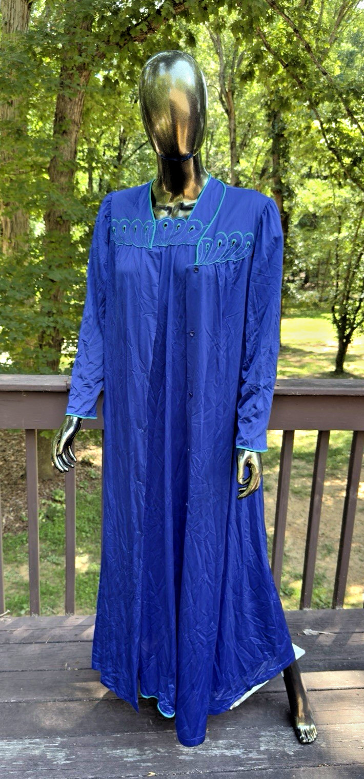 Vintage Shadow Line S 2 Piece Long Peignoir Robe w Nightgown Nylon Royal Blue