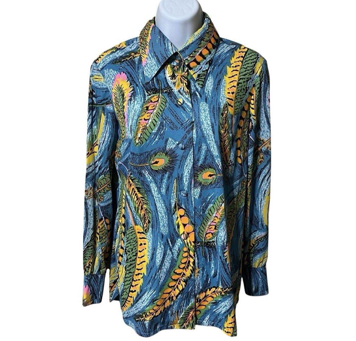 Vtg 1970’s Blue Peacock Feather Print Button Up Blouse Size 10 Retro Disco Mod