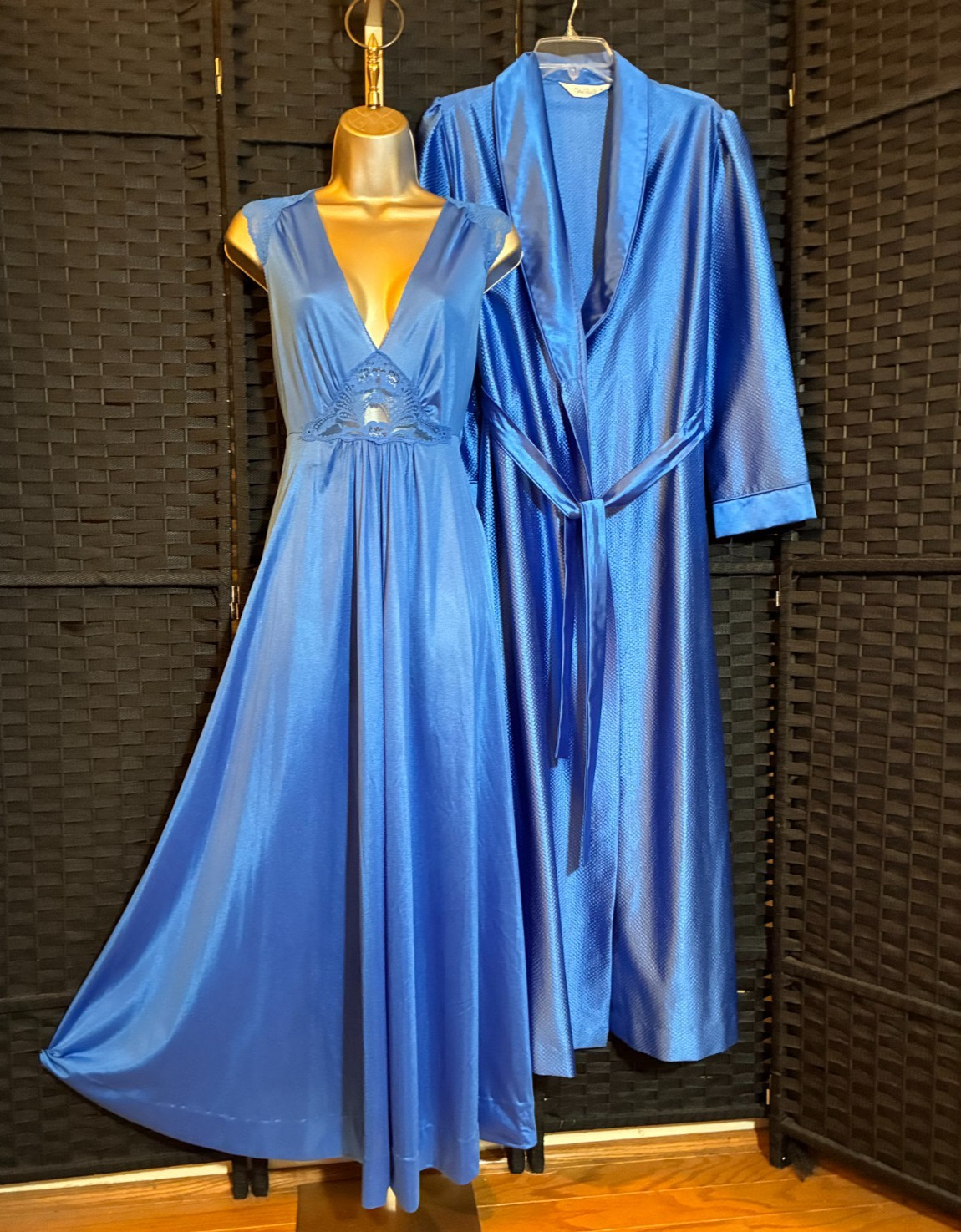 Vintage VAN RAALTE PEIGNOIR SET Medium ROYAL BLUE Sweep GOWN Long ROBE Lace 0215