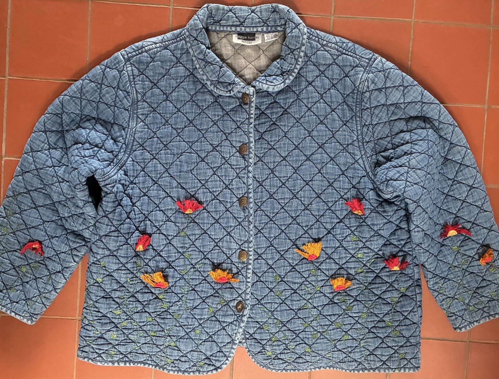 Vintage 90s Maggie Barnes Petites Quilted Embroidered Denim Jacket Floral 24WP