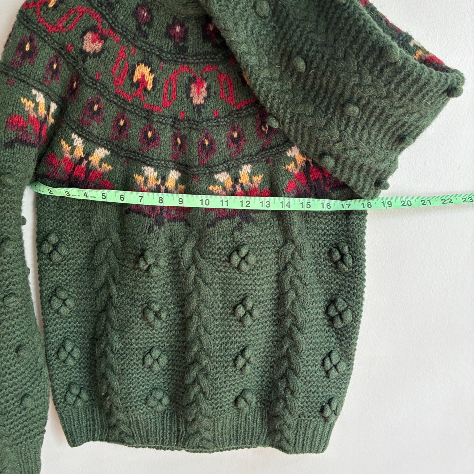 Woolrich Sweater Women Medium Green Vintage Wool Fair Isle Bobble Cable Knit