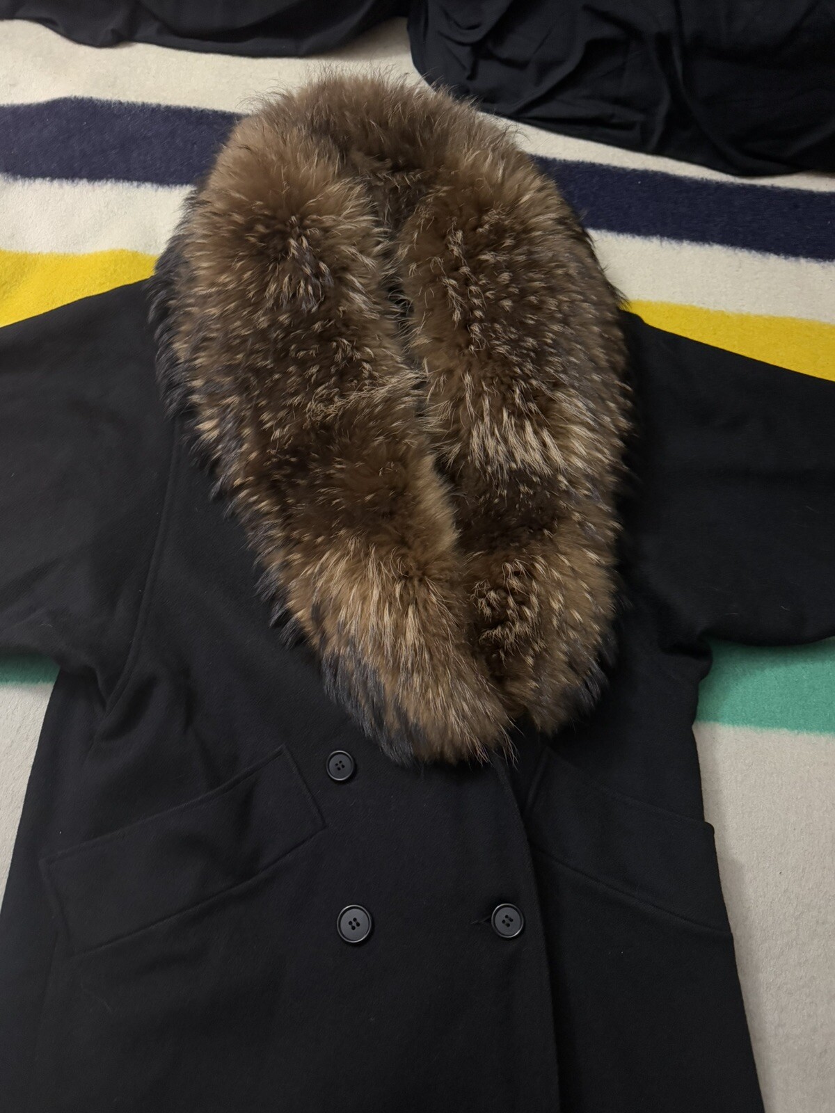 Vintage Gemini Black Full Length Wool Coat Jacket Finncoon Raccoon Fur Collar XL