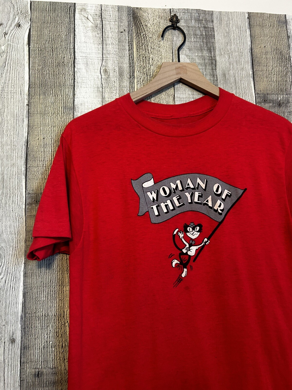 Vintage 80s Woman Of The Year Black Cat Graphic T-shirt Single Stitch Lg VTG USA