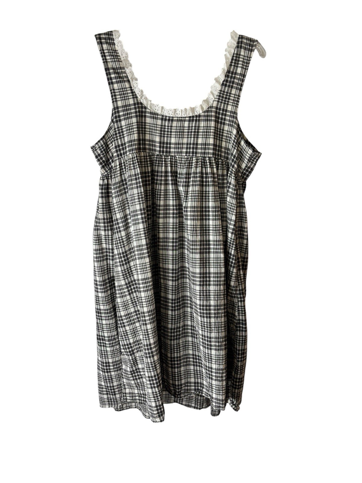 Vintage Papillon Paula Carbone Nightgown Black White Plaid Eyelet Cottagecore L