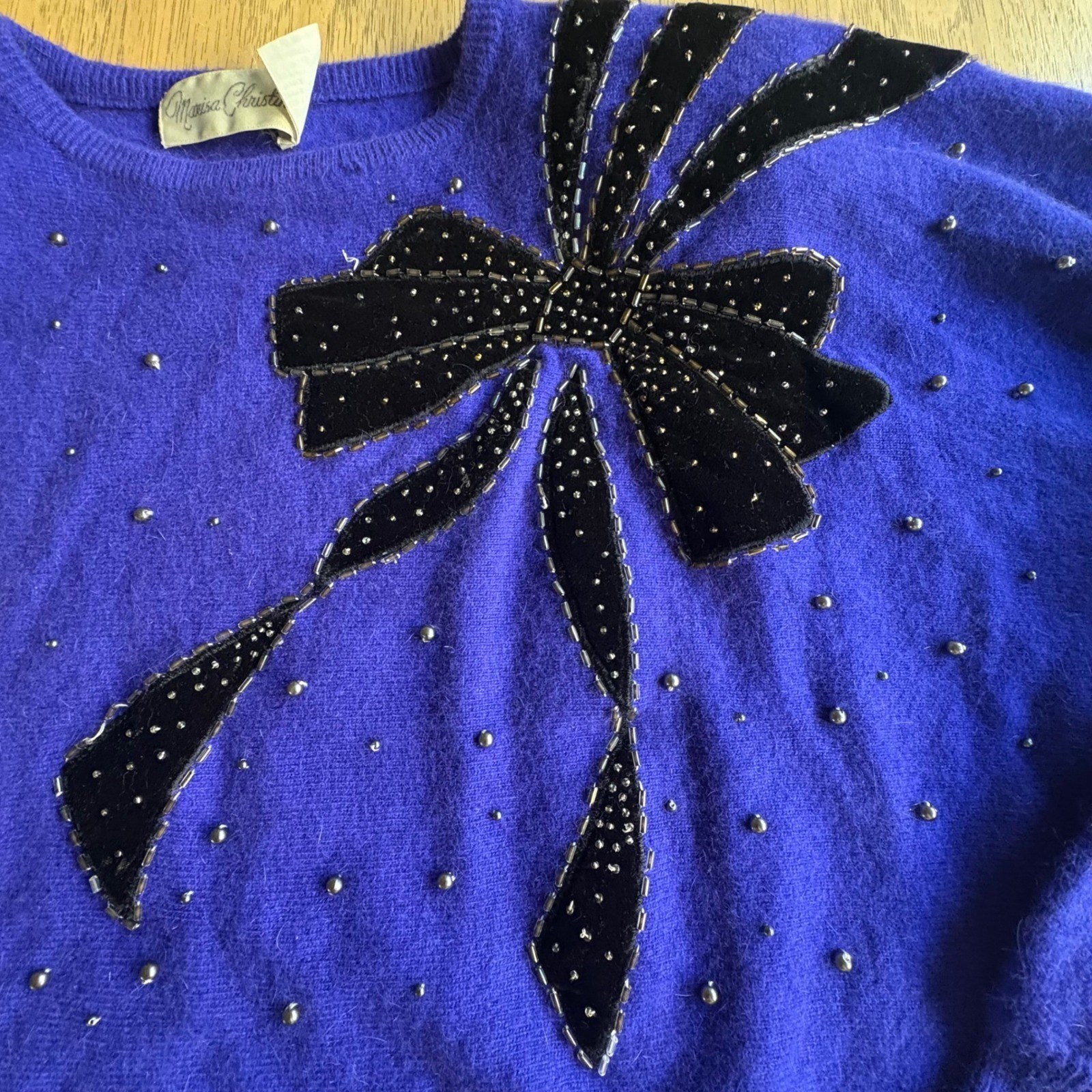 VTG Marisa Christina Y2K Blue-Purple Angora/Wool Blend Velvet Bow Sweater Sz MED