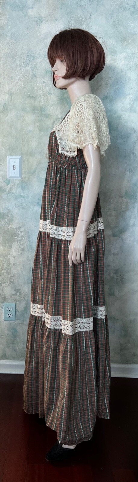 Vintage 70’s Green Plaid and Lace Prairie Maxi Dress Trivia by Charm S