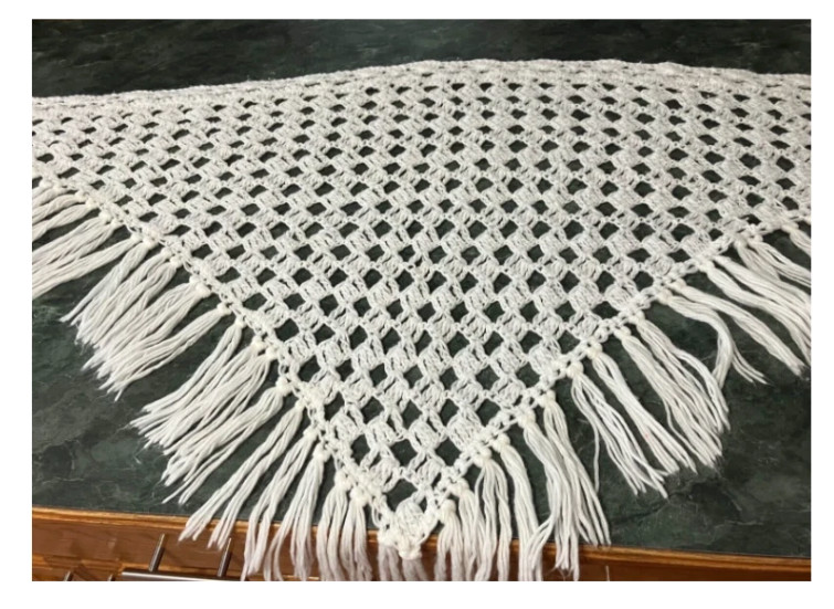 Vintage Hand Made Boho Open Weave Crochet Fringed Shawl Wrap Kimono Oversized