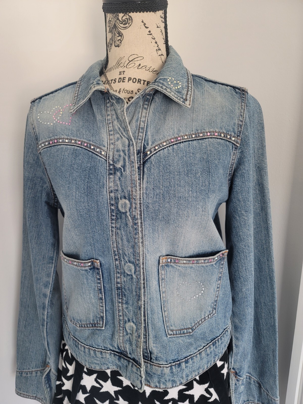 Vintage Y2K Upcycled Redone Custom Bling Gothic Cross Western Jean Jacket Medium