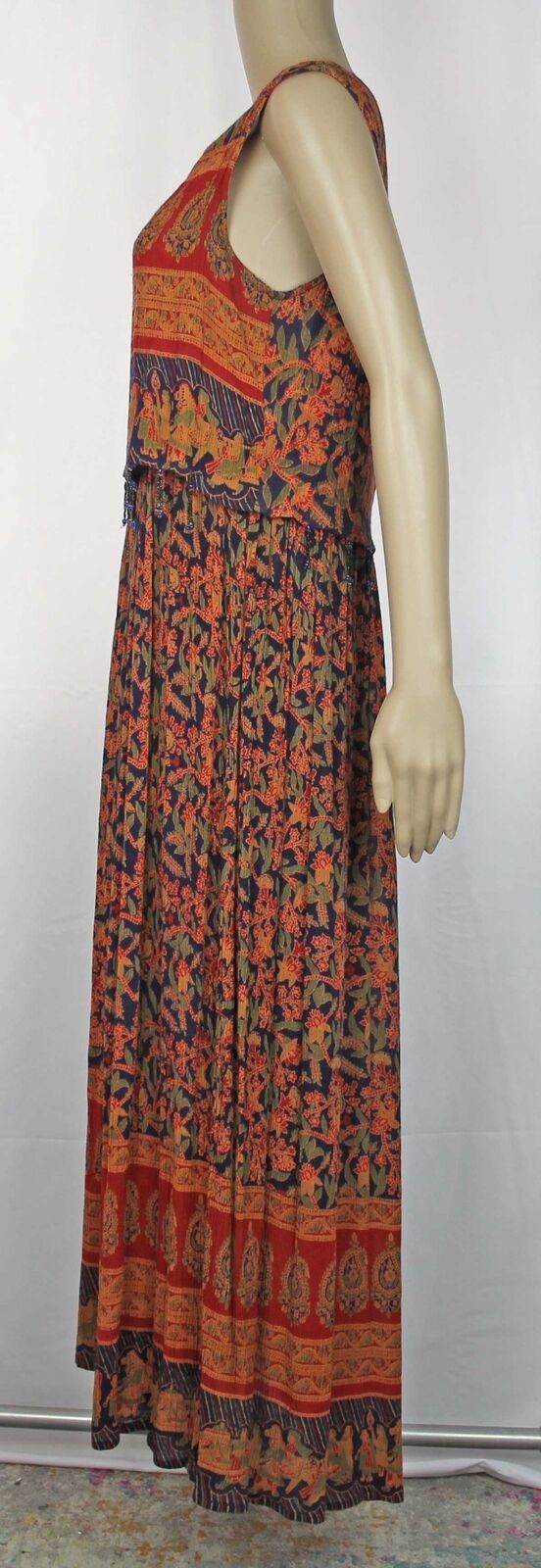 Vintage Rayon Maxi Dress Boho Festival Hippie India Glass Bead Tassels M