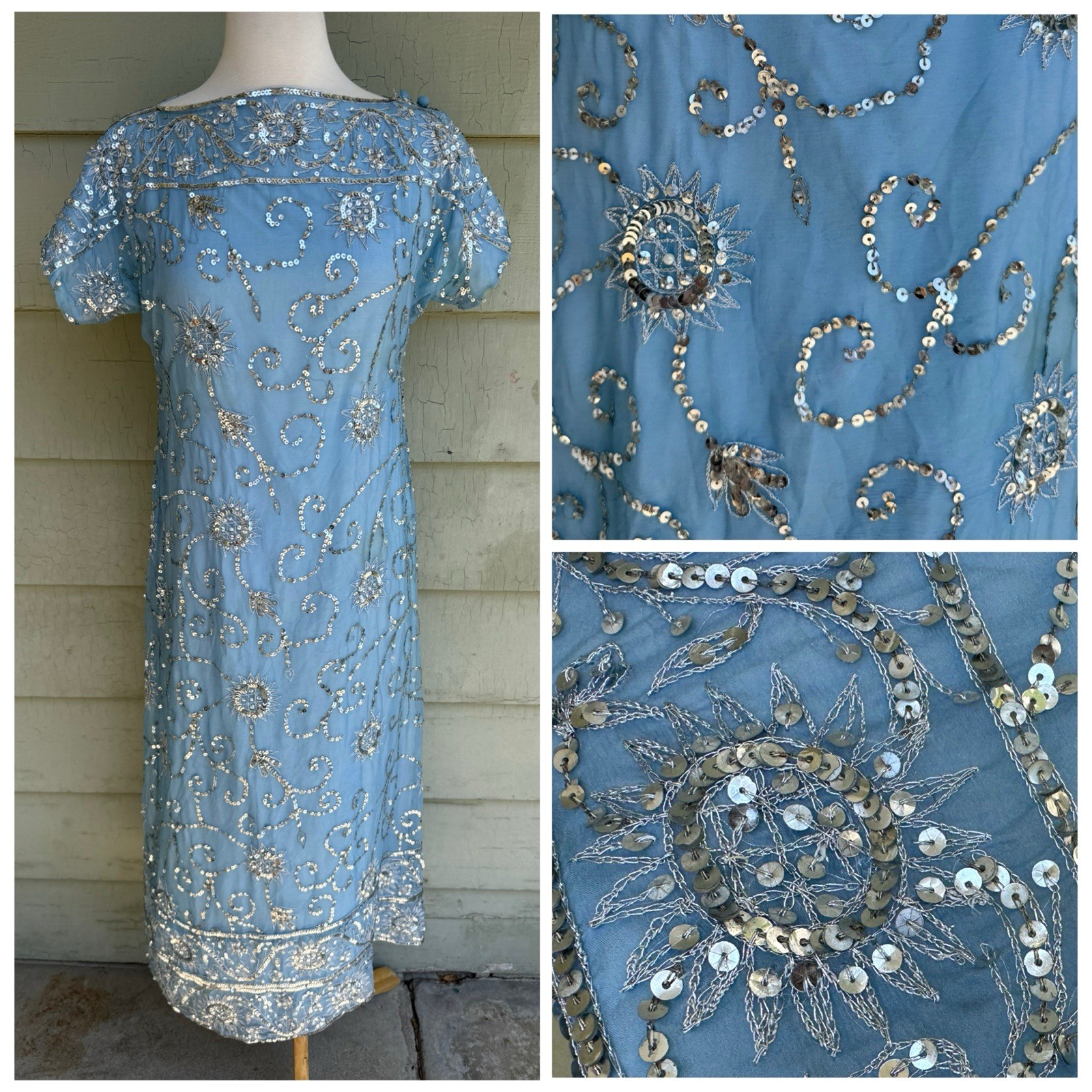 Vtg 60’s Profils Du Monde Beverly Hills Baby Blue Gown Silver Sequins Silk S
