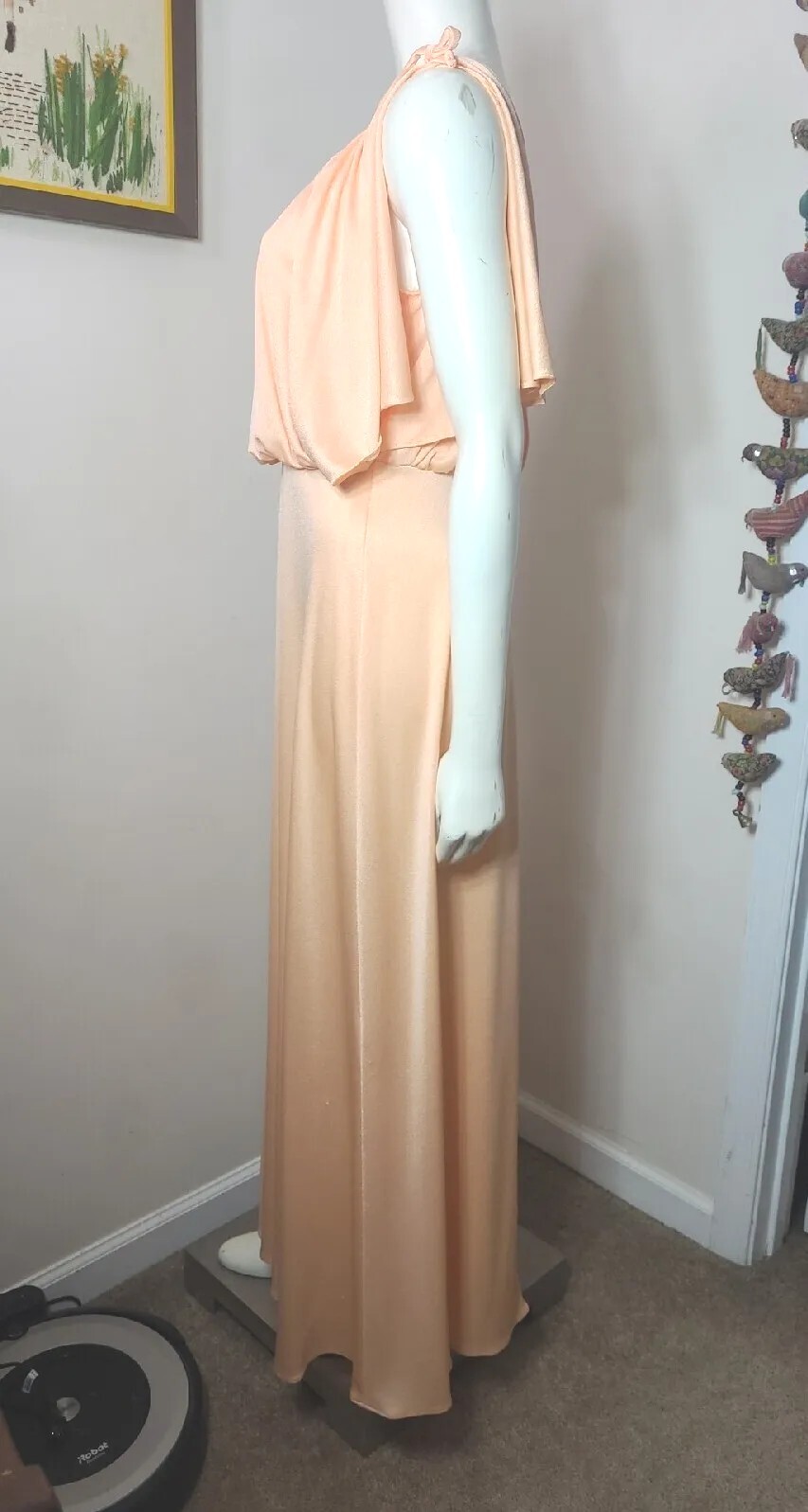 Vintage 70s Grecian Maxi Dress Womens 11/12 Draped Apricot Peach Cottage EASTER