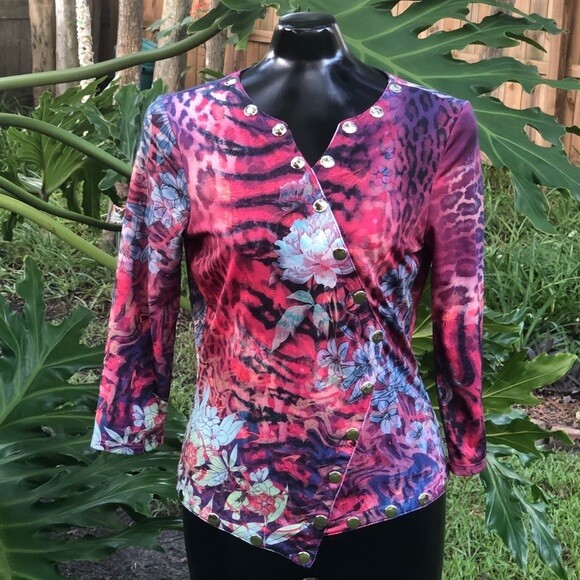 Vintage Top Animal Print Tiger Print Floral 3/4 Sleeve Fitted Women’s Size M