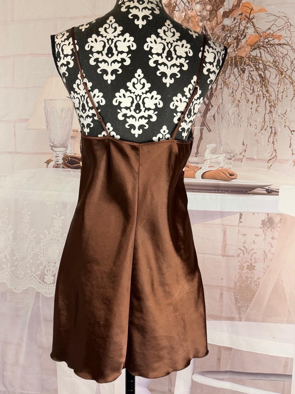 Mis. Andra Lingerie Made in Italy Brown Satin Floral Laced Ribboned Nightdress 2
