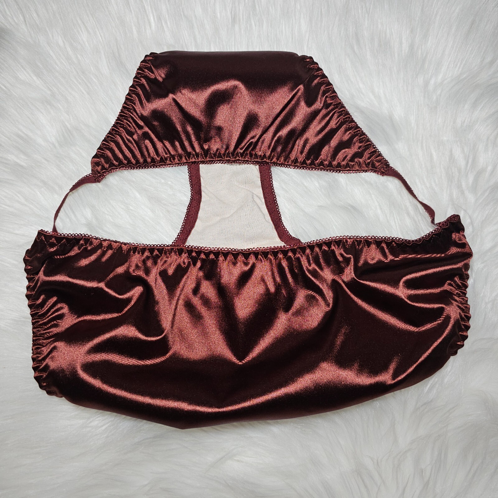 Vintage Glossy Satin Panty Sissy Brown String Bikini Brief Size 8-9 Hip 42-46″