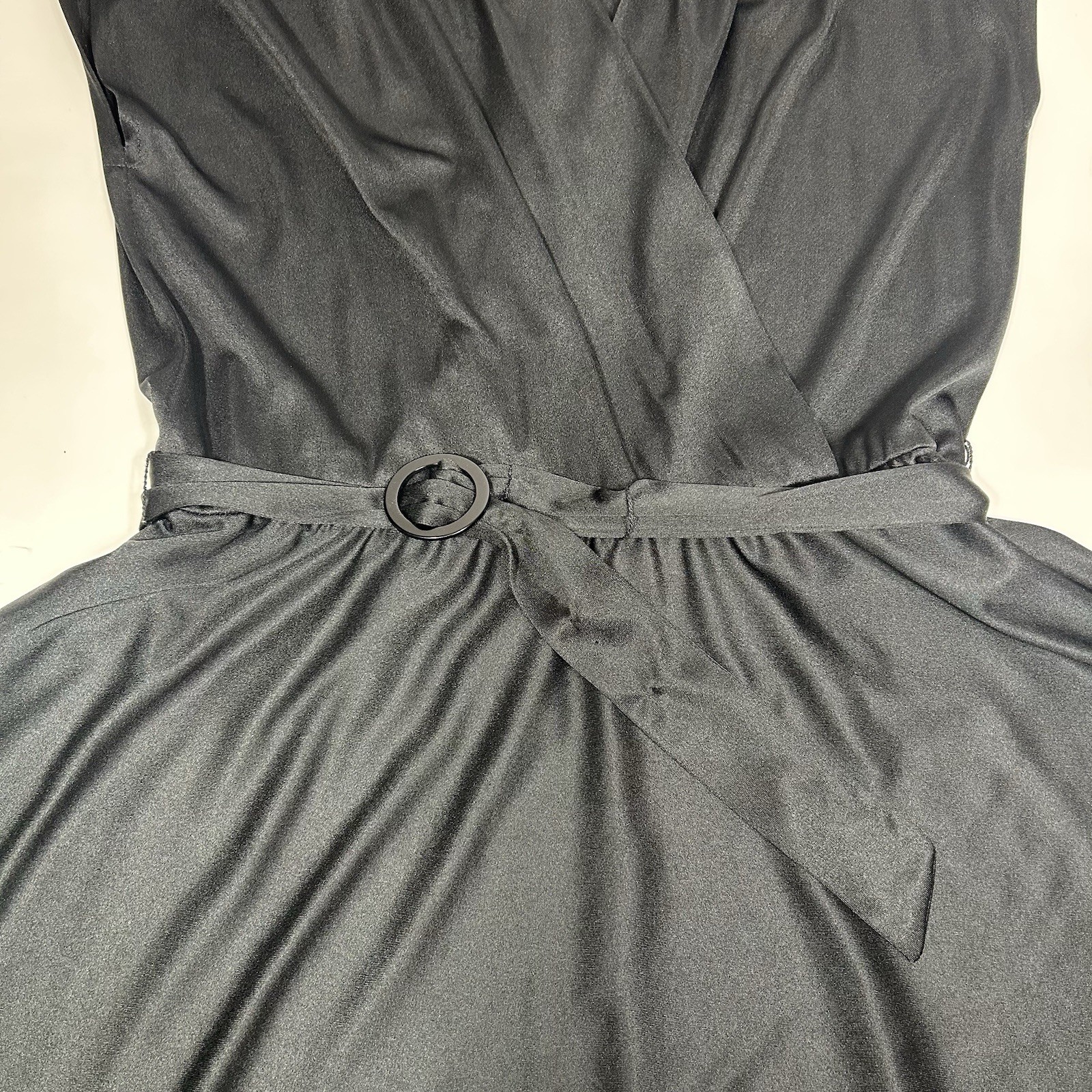 Vtg 89s Alison Peters Black Faux Wrap Midi Dress Cap Sleeve Pleated Belt Sz 10 ?