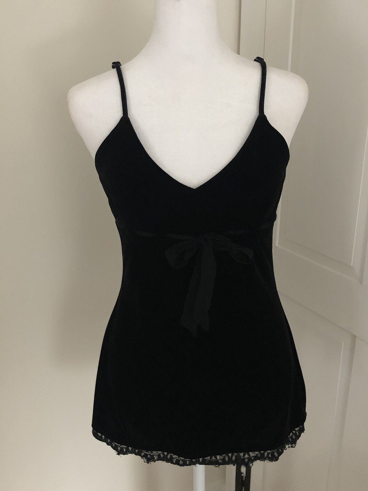 Vintage 2000s Y2K Black Velvet Babydoll Top Small Tie Waist Gothic Coquette Cute