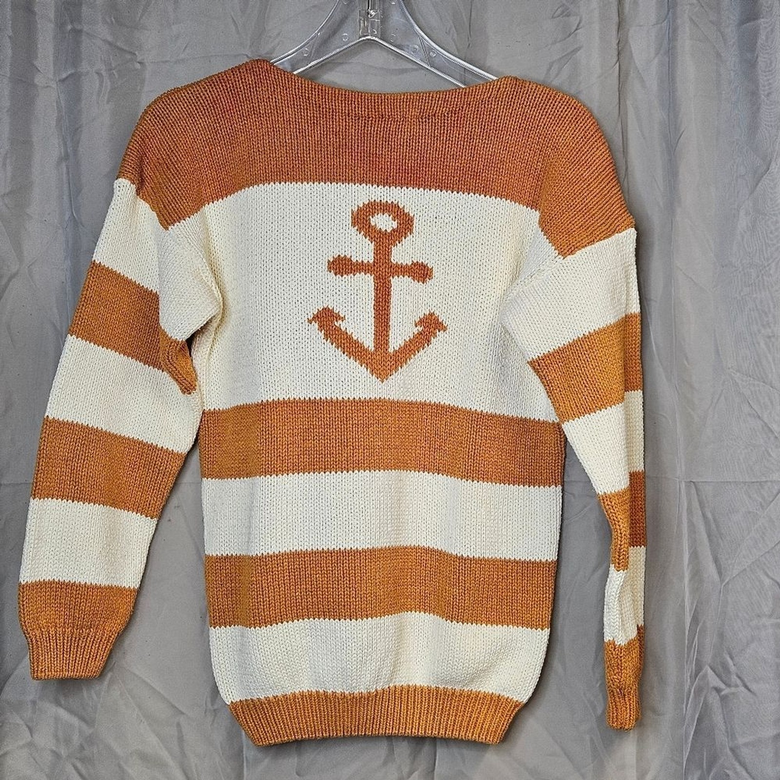 J.G. Hook Vintage Nautical Anchor Rust Cream Stripe Boatneck Cotton Knit Sweater