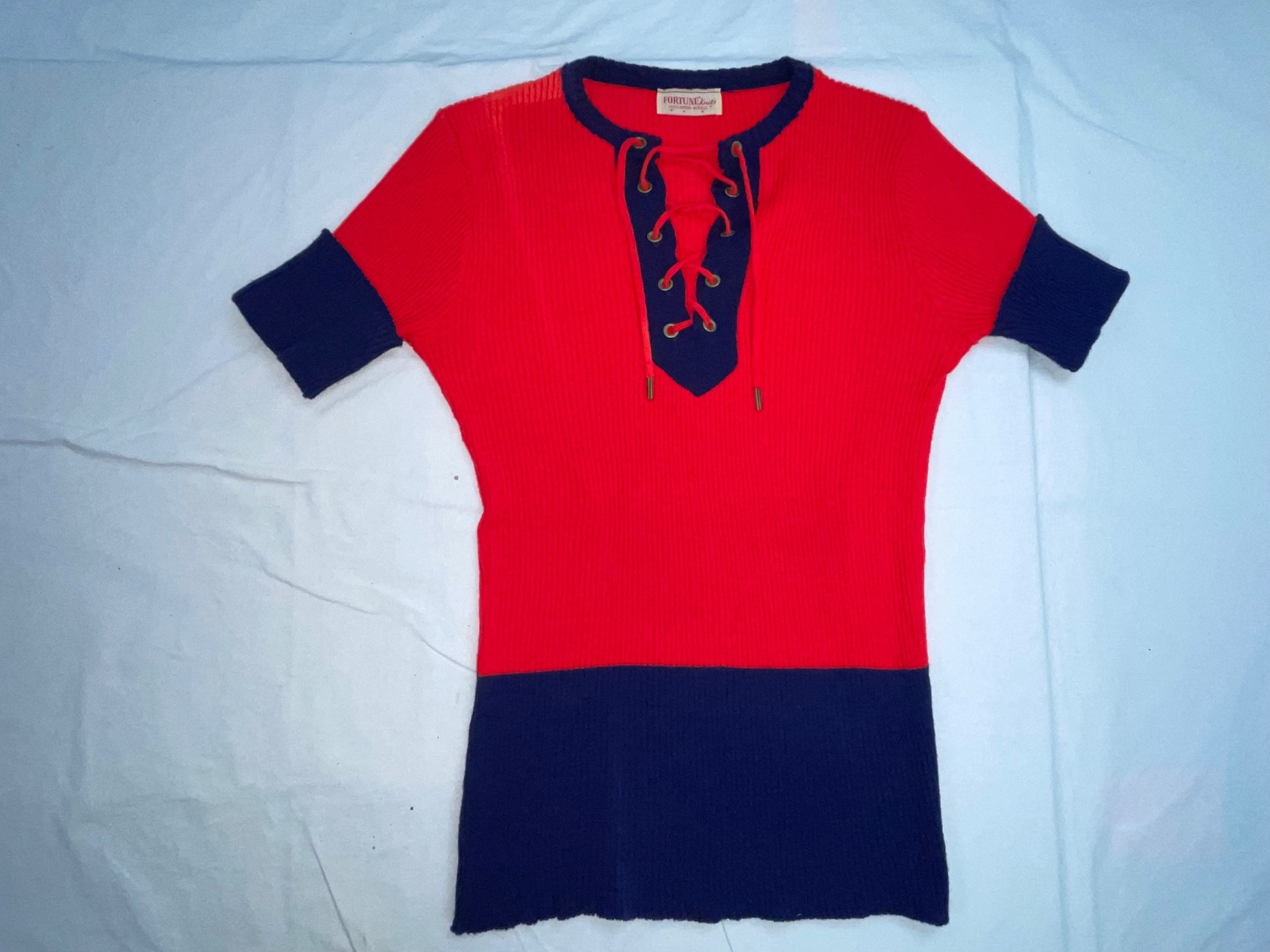 VTG 60S 70S WOMENS SM RED BLUE LACE UP DISCO RETRO HIPPY SWEATER TOP SHIRT