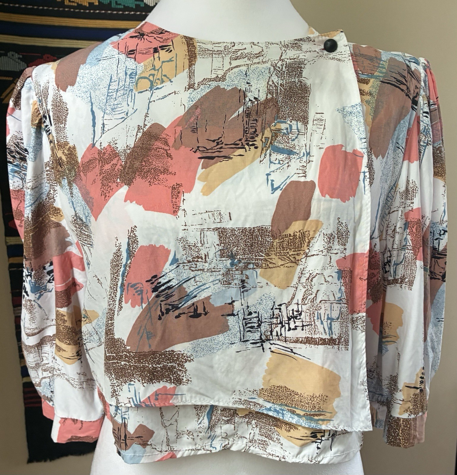 Vintage 80s Abstract Crop Top Puff Sleeve Made in West Germany size Large