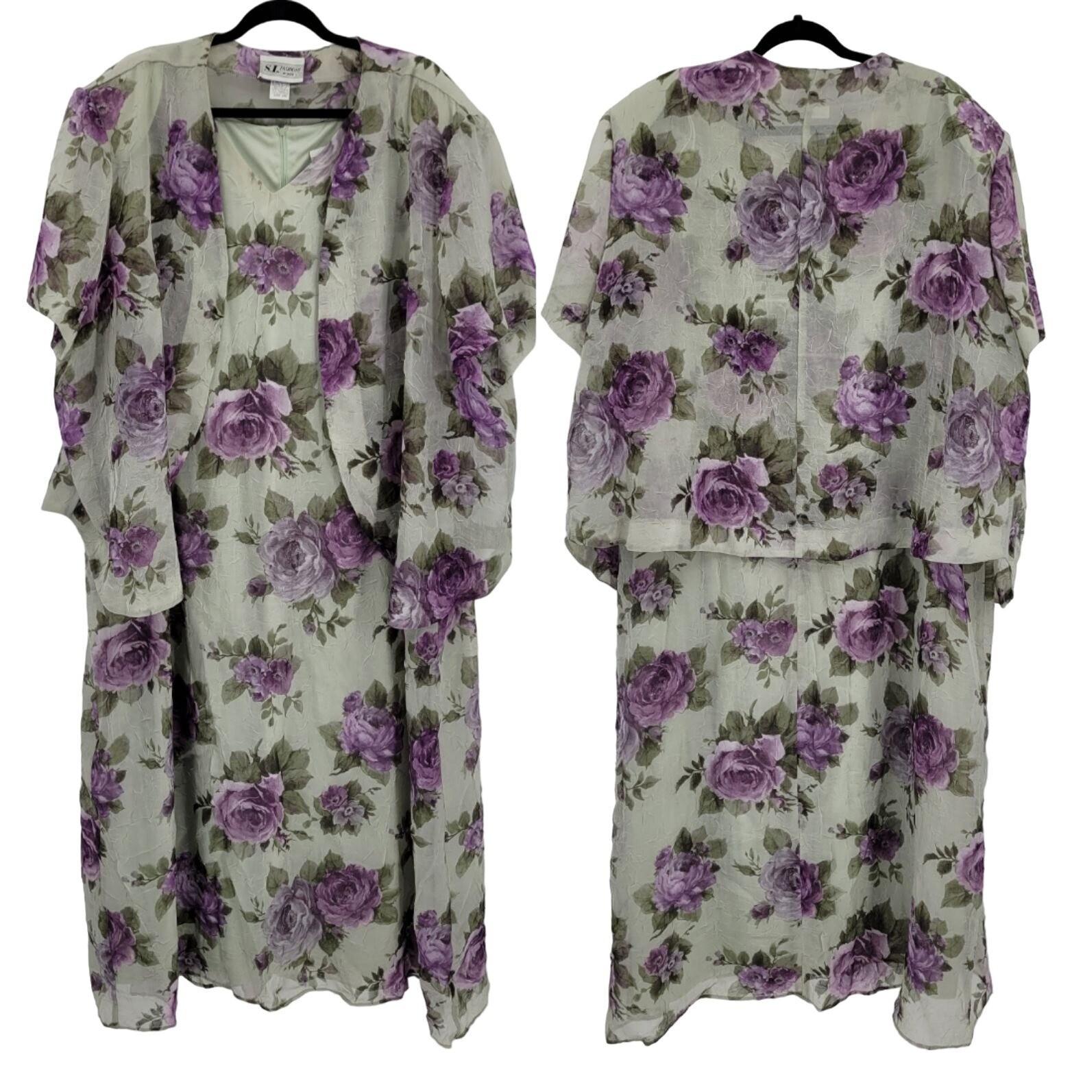 Vtg 80s Modest Cottage Core Sheer Crinkle 2pc Dress Set Plus Sz 32W Maxi Floral