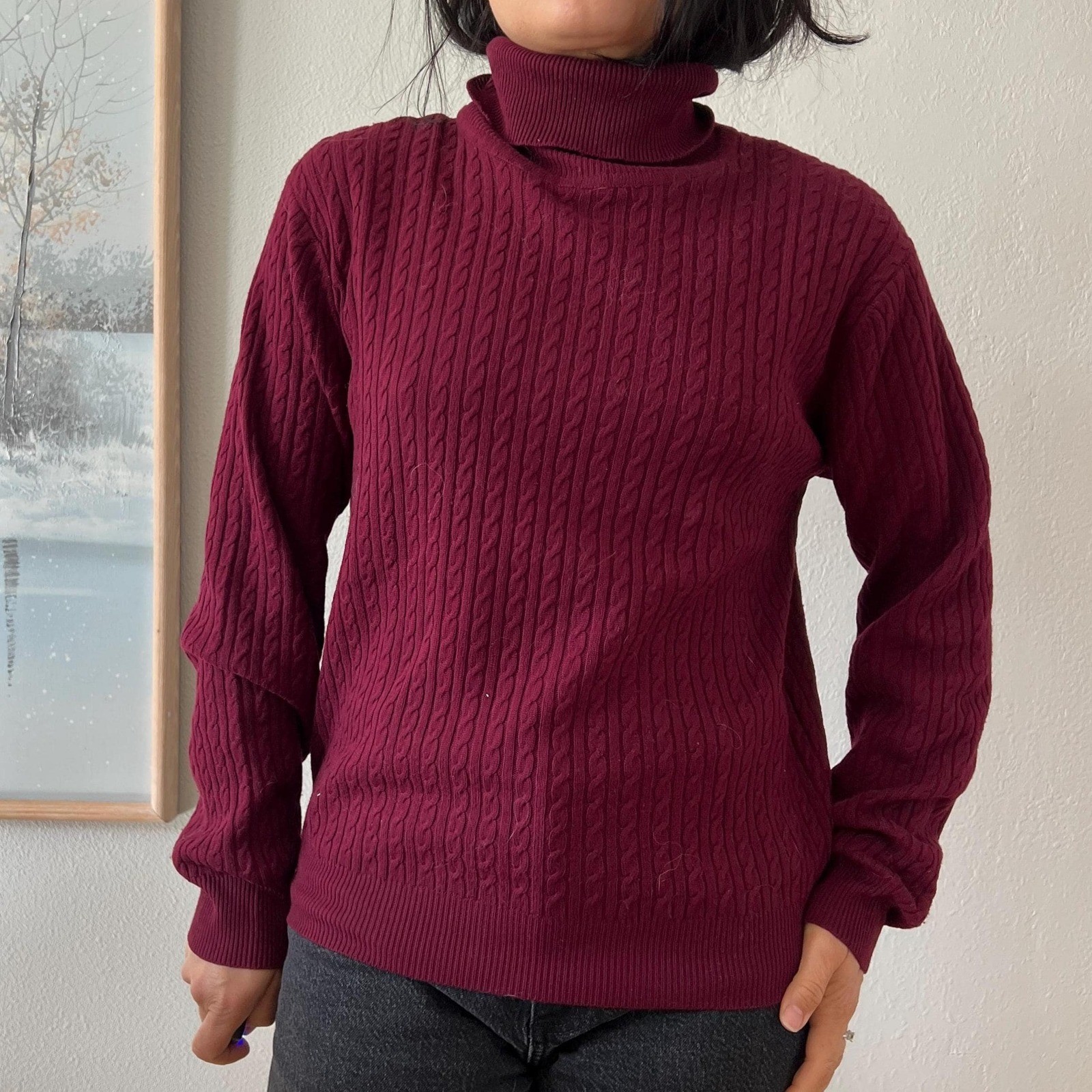 vintage 90s Silk Cashmere Turtleneck Sweater Burgundy Cable Knit Neiman Marcus
