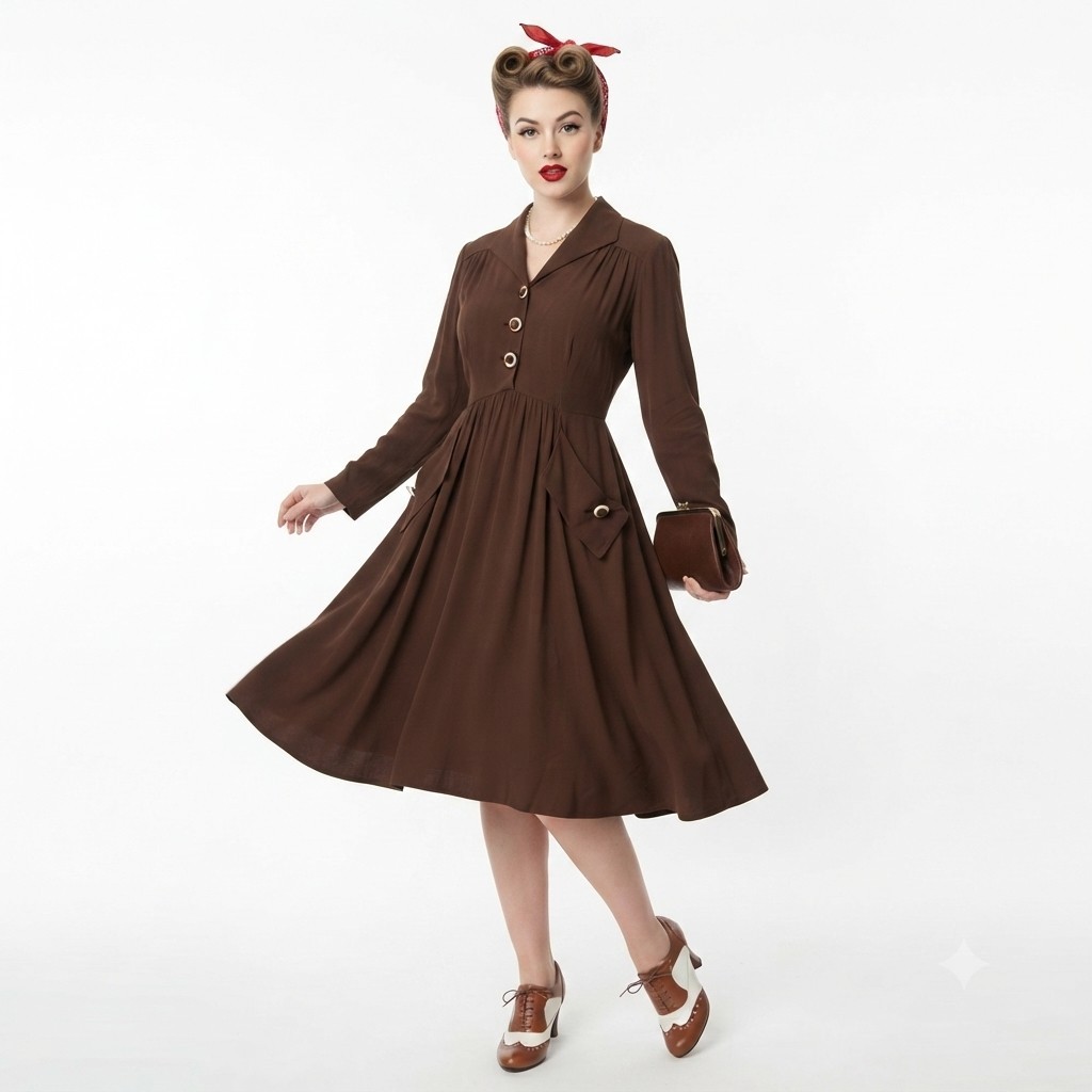 Original 40s Brown Dress M Hollywood Glamour WWII Pinup Land Girl Swing Dance