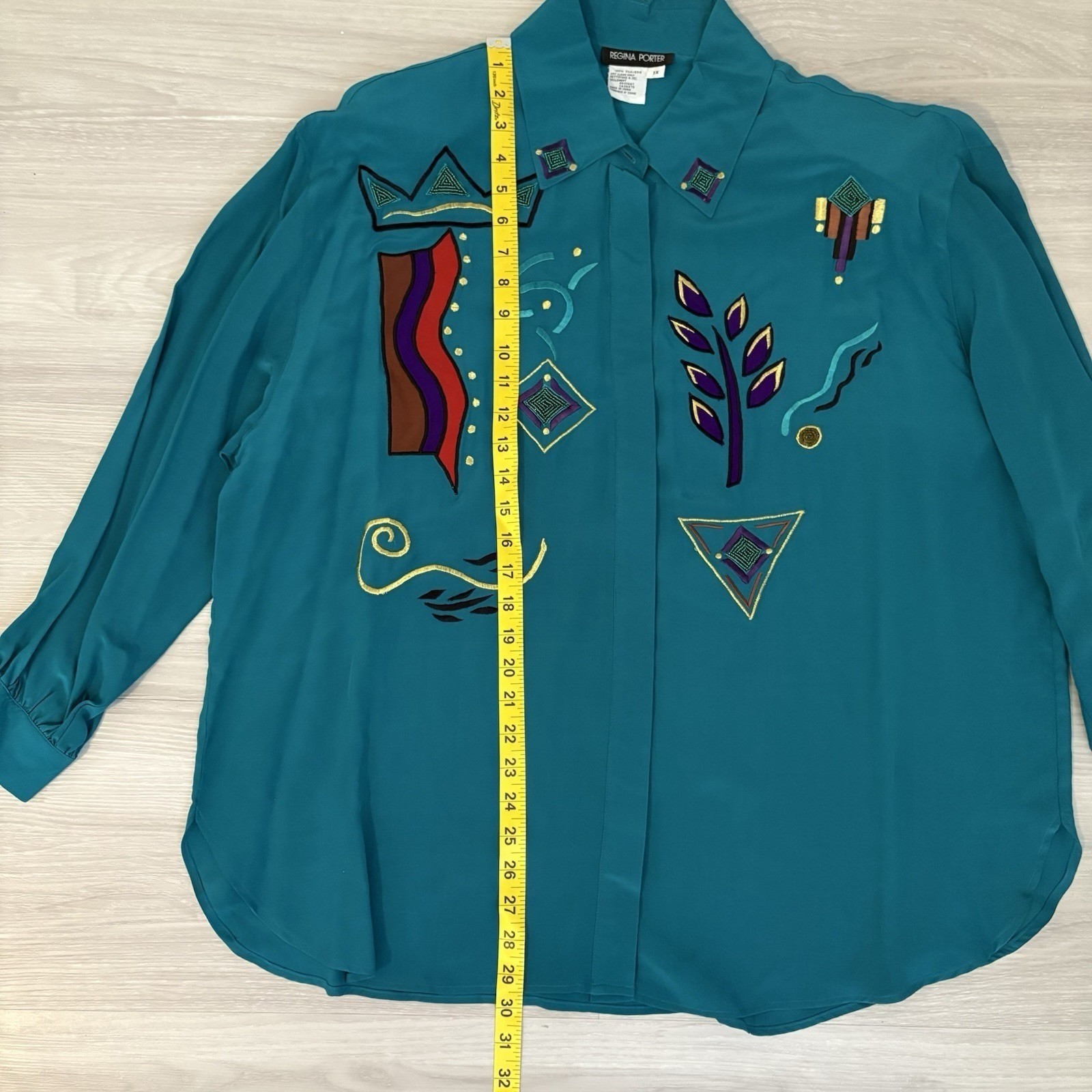 Regina Porter Womens Blouse Vintage 100% Silk Teal Abstract Embroidered Size 1X