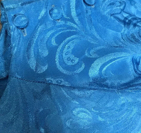Vintage 80s Darian Satin Dress Blue Damask Print Belted Long Midi Retro Small