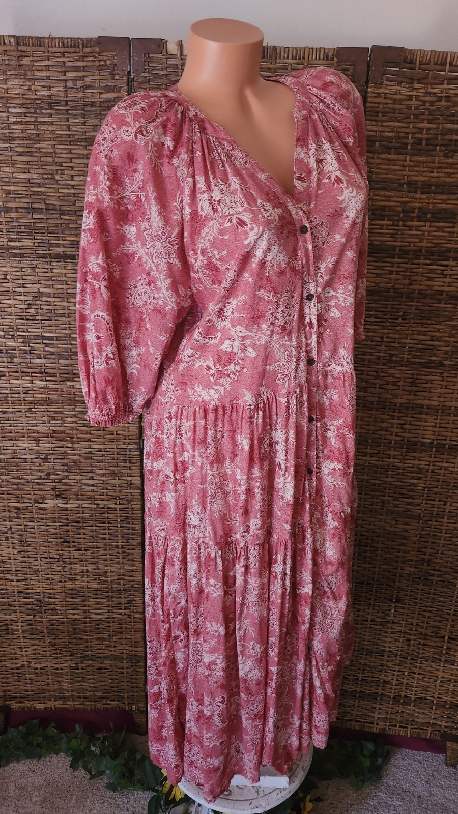 Red White Cool Cotton Cottage Core Floral Comfort Oversize Shift Dress Sz L